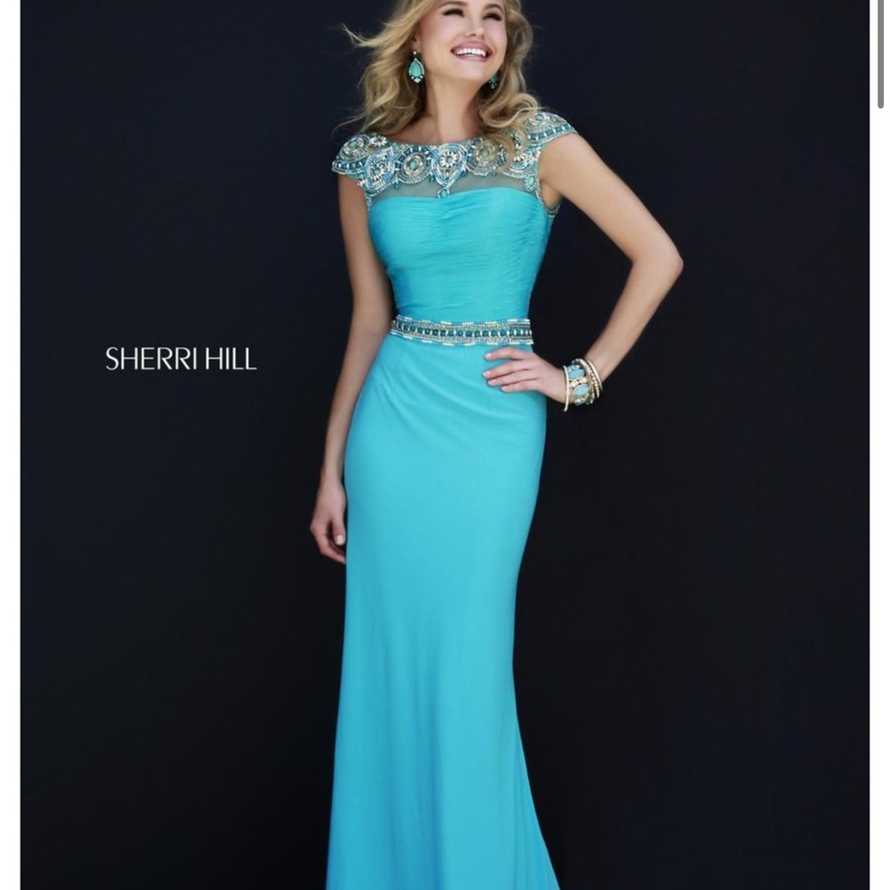 Sherri Hill Turquoise Beaded Cap-Sleeve Prom Gown